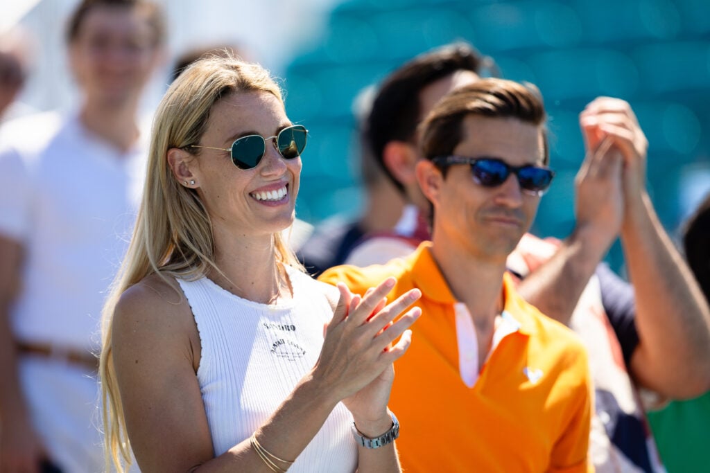 Maribel Nadal of Spain celebrates Martin Landaluce's win against Sebastian Korda of the United States during their match on Day 8 of the Miami Open at Hard Rock Stadium in Miami Gardens, Florida, on March 24, 2026.