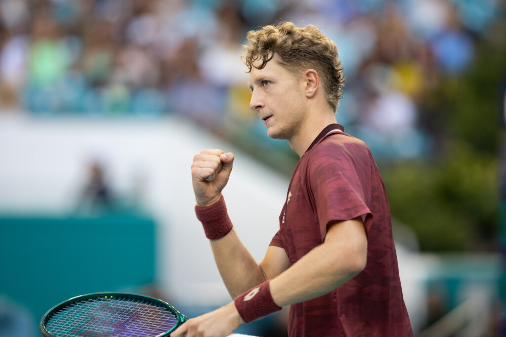 Martin Landaluce of Spain pumps his fist during his quarterfinal match against Jiri Lehecka of Czechia on Day 9 of the Miami Open at Hard Rock Stadium in Miami Gardens, Florida, on March 25, 2026.