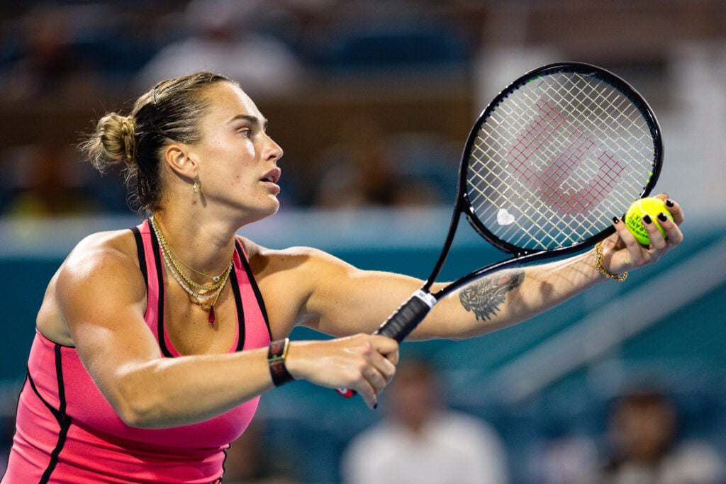 Aryna Sabalenka serves against Elena Rybakina of Kazakhstan during their quarterfinal match on Day 10 of the Miami Open at Hard Rock Stadium in Miami Gardens, Florida, on March 26, 2026.