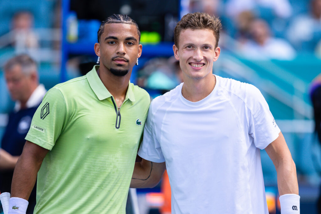 Arthur Fils of France and Jiri Lehecka pose at the net during their semifinal match on Day 11 of the Miami Open at Hard Rock Stadium in Miami Gardens, Florida, on March 27, 2026.