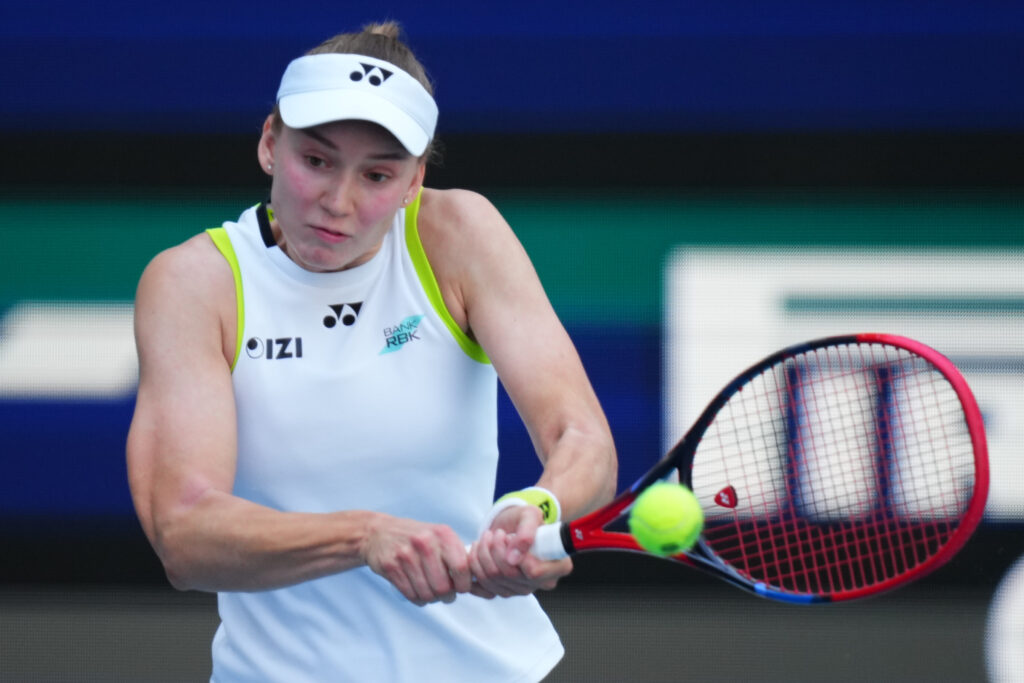 Elena Rybakina of Kazakhstan returns a shot against Jessica Pegula of the United States on Day 9 of the Miami Open at Hard Rock Stadium on March 25, 2026 in Miami Gardens, Florida.