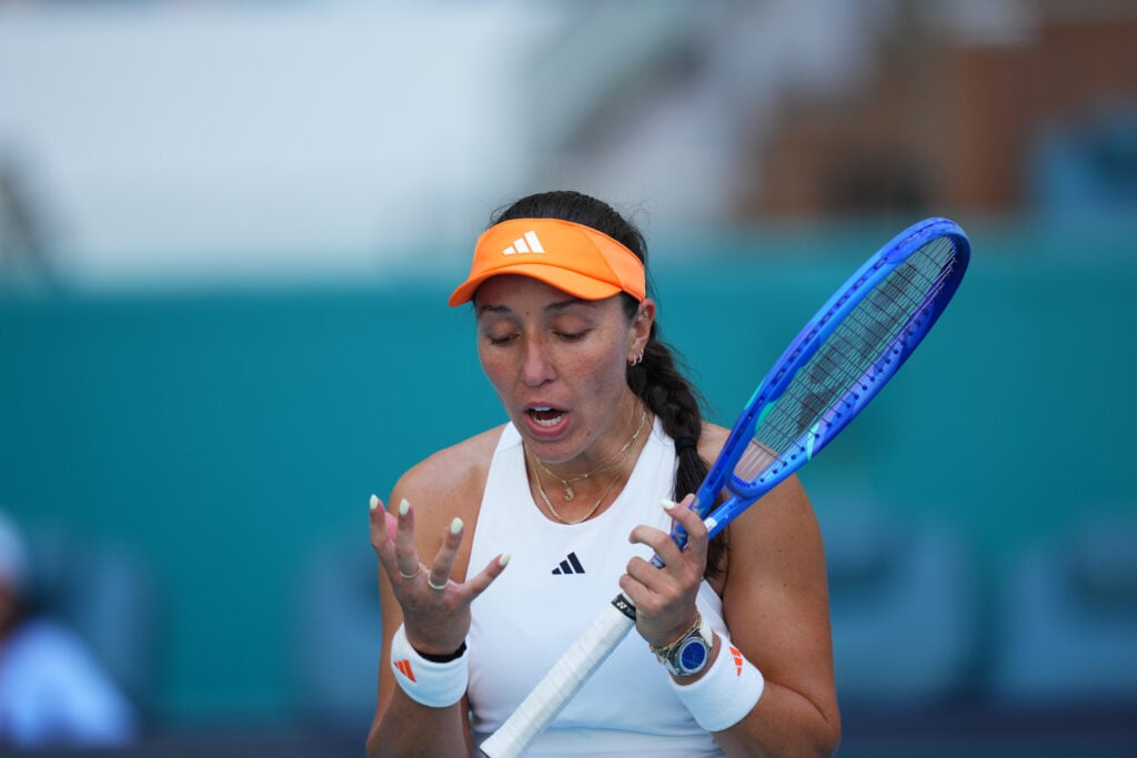 Jessica Pegula of the United States reacts against Elena Rybakina of Kazakhstan during their quarter final match on Day 9 of the Miami Open at Hard Rock Stadium on March 25, 2026 in Miami Gardens, Florida.