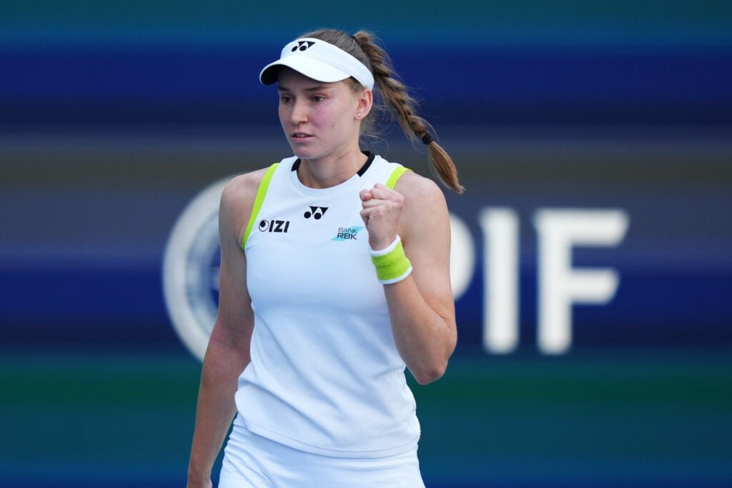 Elena Rybakina of Kazakhstan celebrates after defeating Jessica Pegula of the United States in their quarter final match on Day 9 of the Miami Open at Hard Rock Stadium on March 25, 2026 in Miami Gardens, Florida.