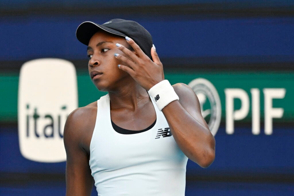 Coco Gauff of the United States, pictured, plays against Aryna Sabalenka of Belarus during the women's singles final match of the Miami Open on March 28, 2026, at Hard Rock Stadium in Miami Gardens, Florida.