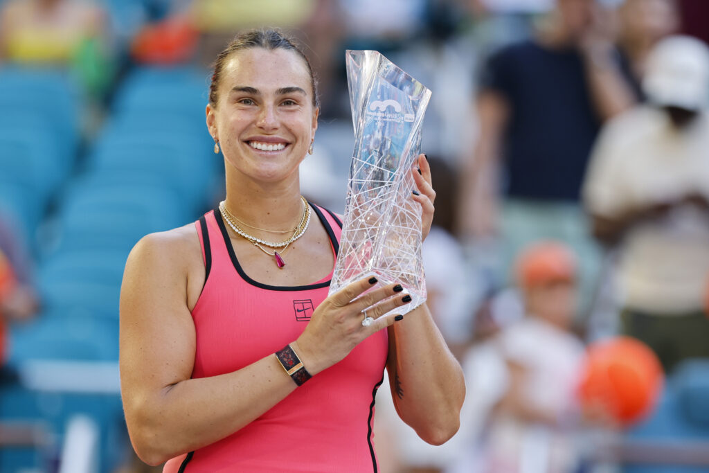 Aryna Sabalenka celebrates with the Butch Buchholz trophy after defeating Coco Gauff of the United States during the Women's Singles Final on Day 12 of the Miami Open Presented by Itau at Hard Rock Stadium on March 28, 2026 in Miami Gardens, Florida.