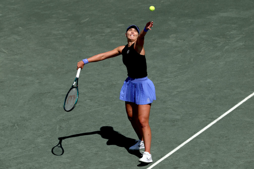 Paula Badosa of Spain serves to Kayla Day of the United States during the Credit One Charleston Open at Credit One Stadium on March 31, 2026 in Charleston, South Carolina.