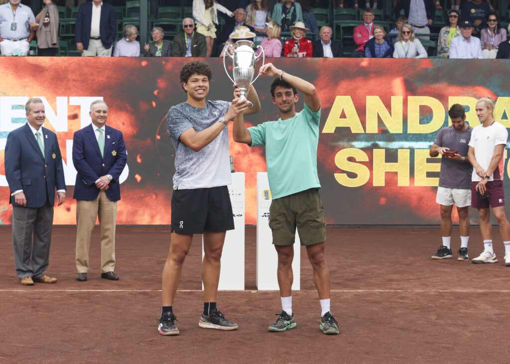 Ben Shelton (USA) and Andres Andrade (ECU) hold up the winners' trophy during the doubles finals of the Men's Clay Court Championship on April 5, 2026 at River Oaks Country Club in Houston, Texas.