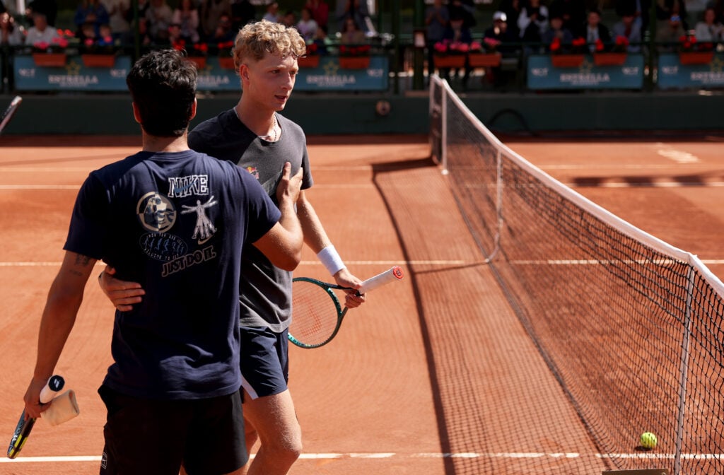 Carlos Alcaraz of Spain with his practice partner Martin Landaluce of Spain during his last practice session in Murcia, Spain as he prepares for the clay court season and defend his Monte-Carlo Masters title at Tennis Club Murcia on April 02, 2026 in Murcia, Spain.
