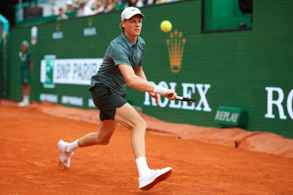 Italy's Jannik Sinner eyes the ball as he plays against France's Ugo Humbert during the Monte Carlo ATP Masters Series Tournament round of 64 tennis match on Court Rainier III at the Monte-Carlo Country Club in Roquebrune-Cap-Martin, south-eastern France on April 7, 2026.