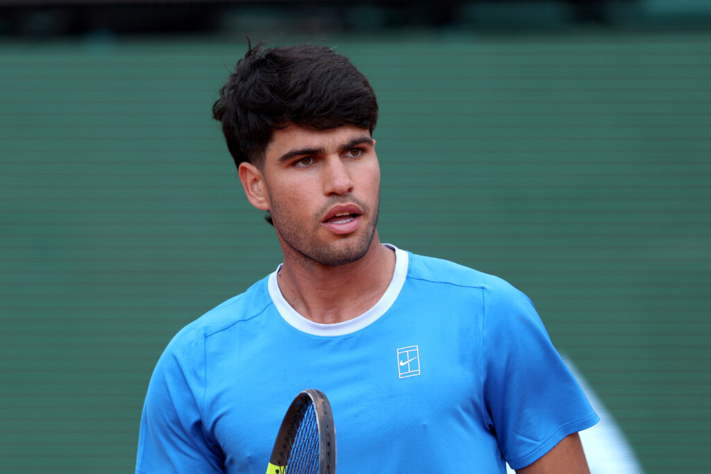 Carlos Alcaraz reacts during his match against Sebastian Baez at the 2026 Monte Carlo Masters.