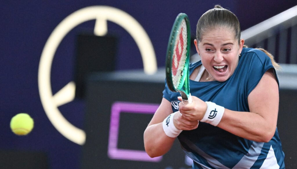 Latvia's Jelena Ostapenko returns the ball to Philippine's Alexandra Eala during their women's singles match of the WTA Upper Austria Ladies Linz tennis tournament in Linz, Austria on April 8, 2026.