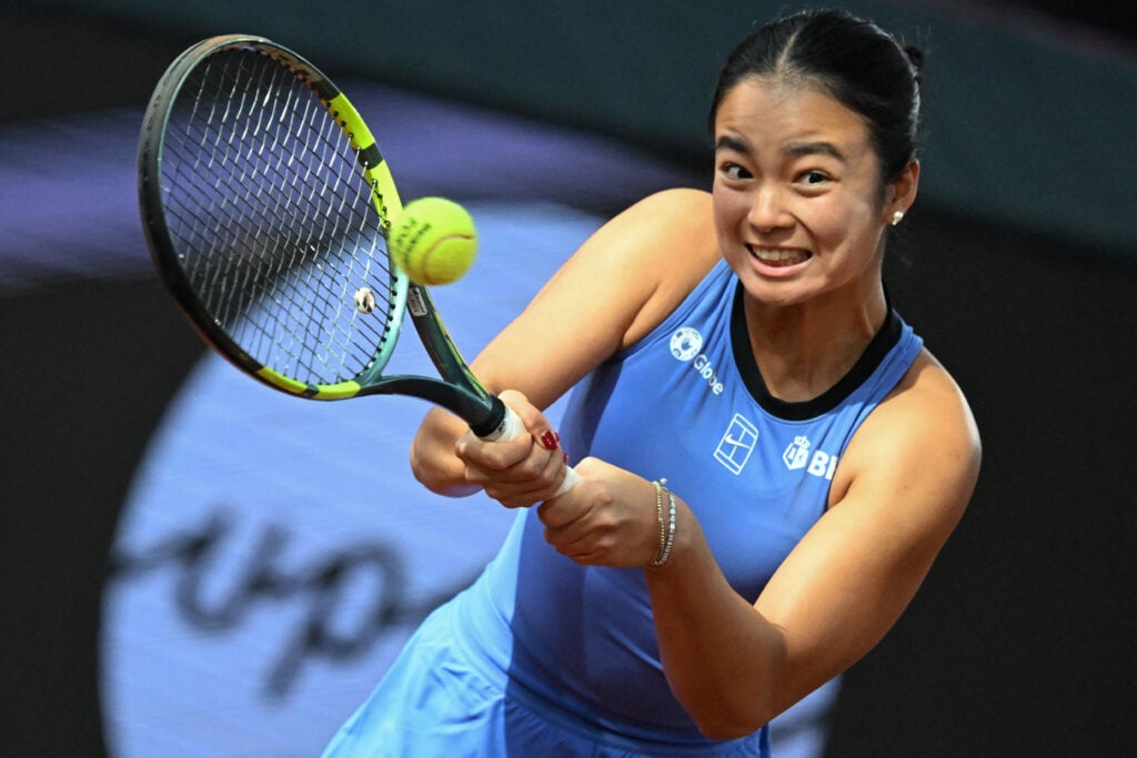 Philippine's Alexandra Eala returns the ball to Latvia's Jelena Ostapenko during their women's singles match of the WTA Upper Austria Ladies Linz tennis tournament in Linz, Austria on April 8, 2026.