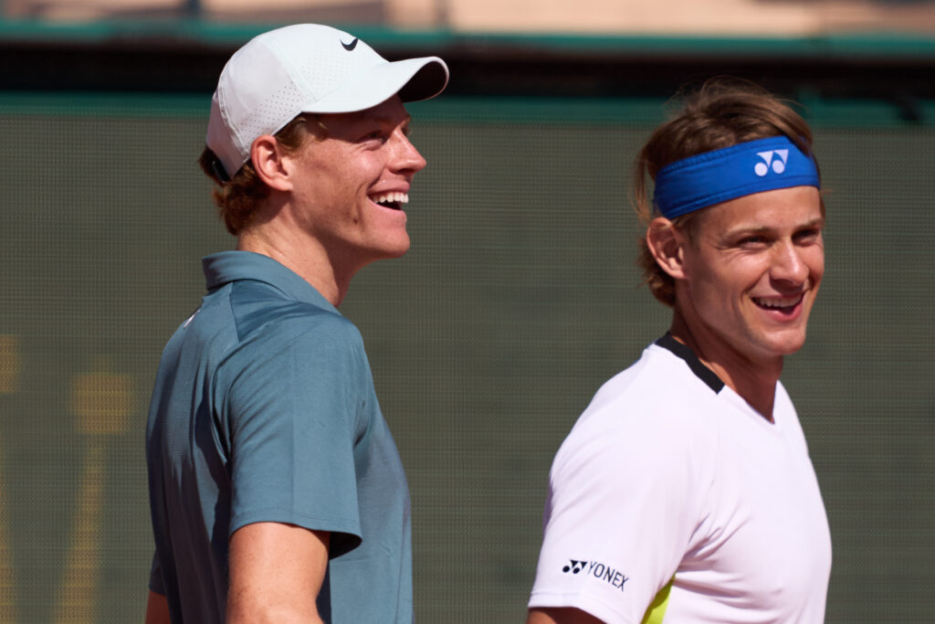Jannik Sinner of Italy and Zizou Bergs of Belgium react during his doubles match against Tomas Machac of Czech Republic and Casper Ruud of Norway during day one of the Rolex Monte-Carlo Masters at Monte-Carlo Country Club on April 05, 2026 in Monte-Carlo, Monaco.