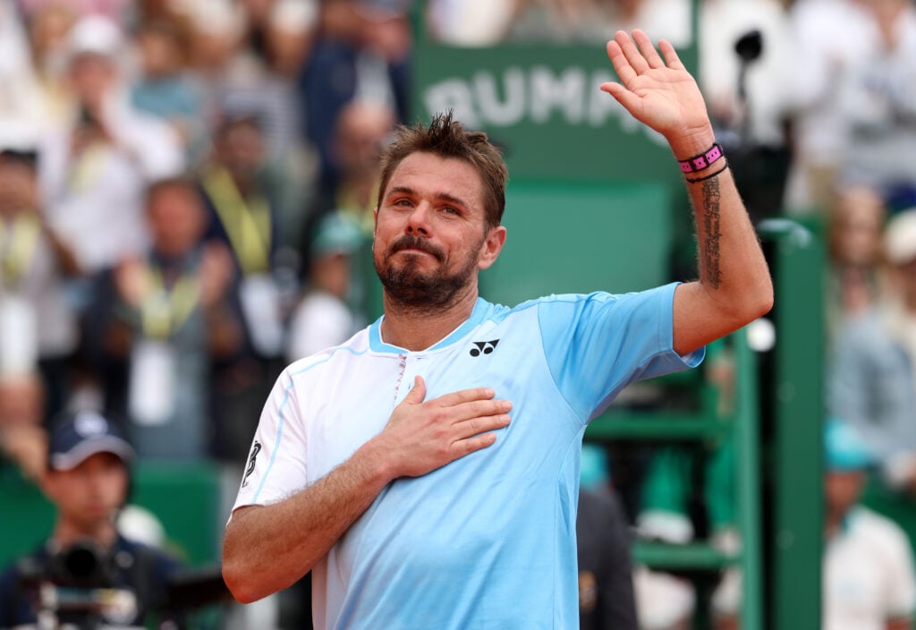 Stan Wawrinka waves goodbye to fans during the 2026 Monte Carlo Masters