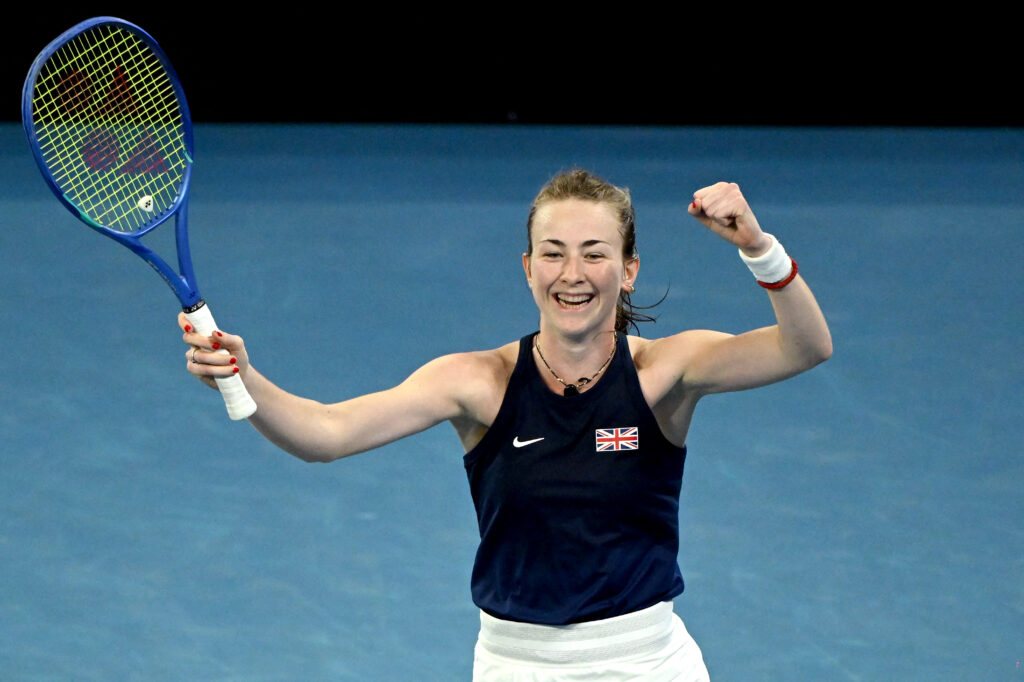 Britain's Mika Stojsavljevic celebrates winning her women's singles match against Australia's Talia Gibson during the Billie Jean King Cup tennis tie between Australia and Britain in Melbourne on April 10, 2026.