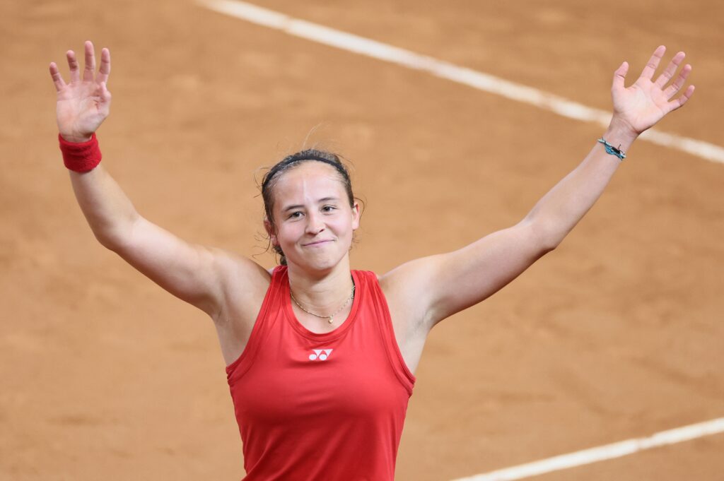 Hanne Vandwinkel celebrates after beating Iva Jovic in the Billie Jean King Cup.