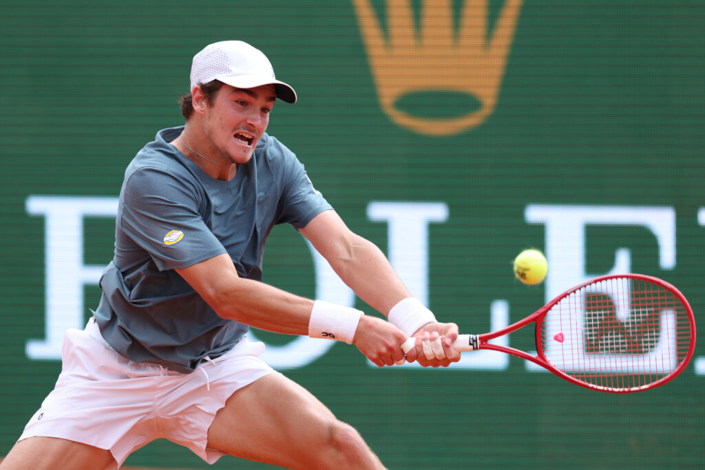 Joao Fonseca of Brazil plays a backhand during his quarter final match against Alexander Zverev of Germany on day Six of the Rolex Monte-Carlo Masters at Monte-Carlo Country Club on April 10, 2025 in Monte-Carlo, Monaco.