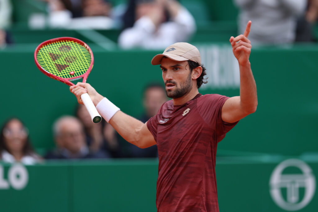 Valentin Vacherot of Monaco reacts against Alex de Minaur of Australia on day Six of the Rolex Monte-Carlo Masters at Monte-Carlo Country Club on April 10, 2025 in Monte-Carlo, Monaco.