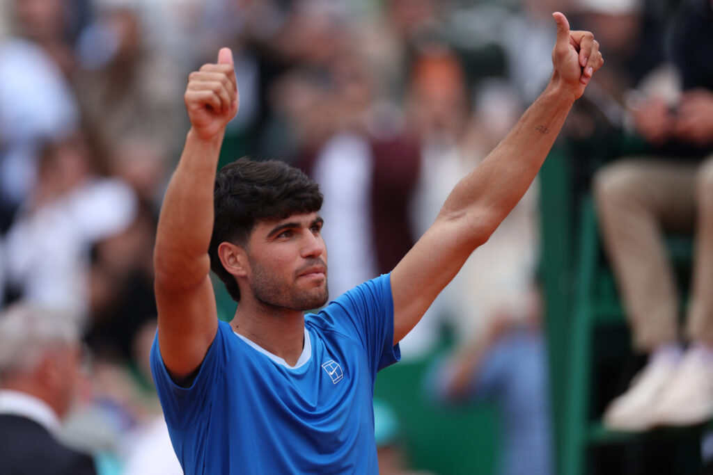 Carlos Alcaraz celebrates after beating Alexander Bublik at the 2026 Monte Carlo Masters.