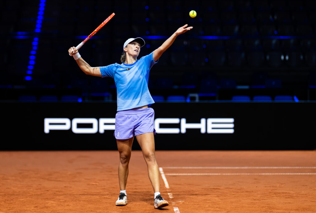Iga Swiatek serves at the 2026 Stuttgart Open