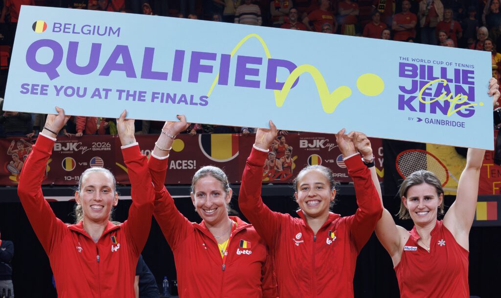 Belgian Elise Mertens, Belgian Magali Kempen, Belgian Hanne Vandewinkel and Belgian Greet Minnen pose for photographers after the fourth game between Belgian Minnen and US' Jovic on the second day of the qualifiers of the Billie Jean King Cup tennis between Belgium and the USA, in Oostende, Belgium, on Saturday 11 April 2026. The meeting takes place on 10 and 11th April.