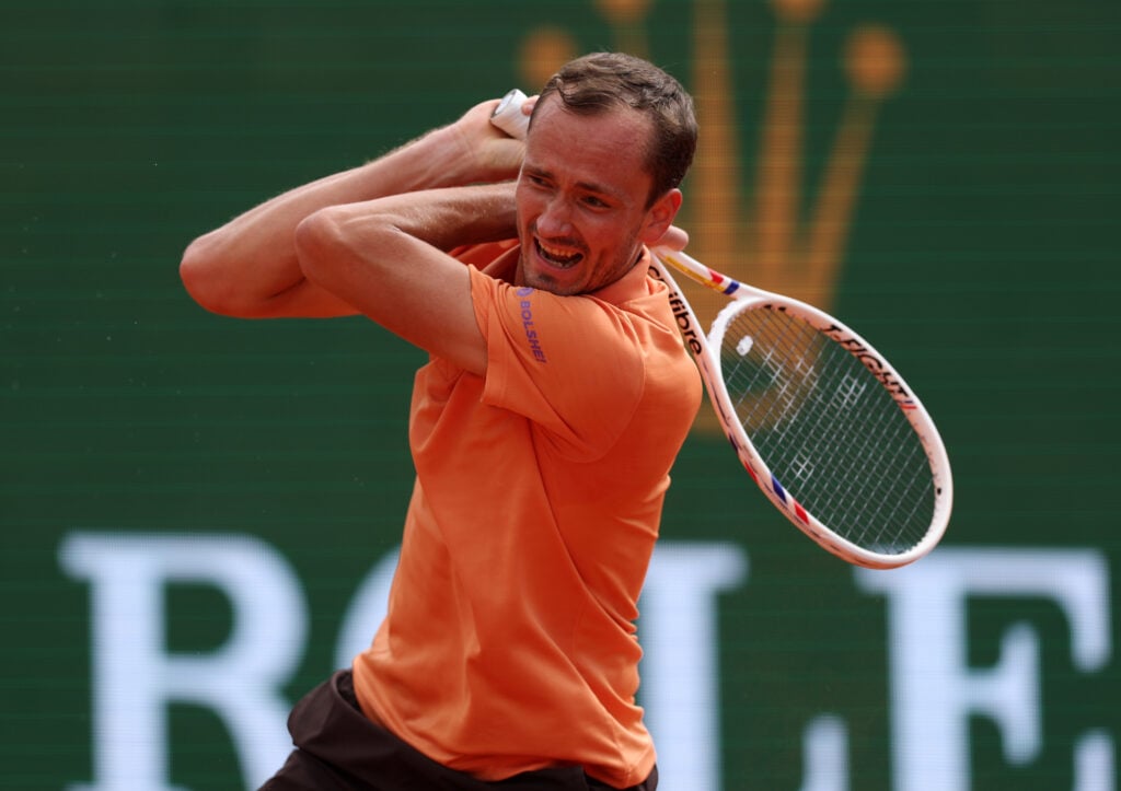 Daniil Medvedev hits a backhand at the 2026 Monte Carlo Masters