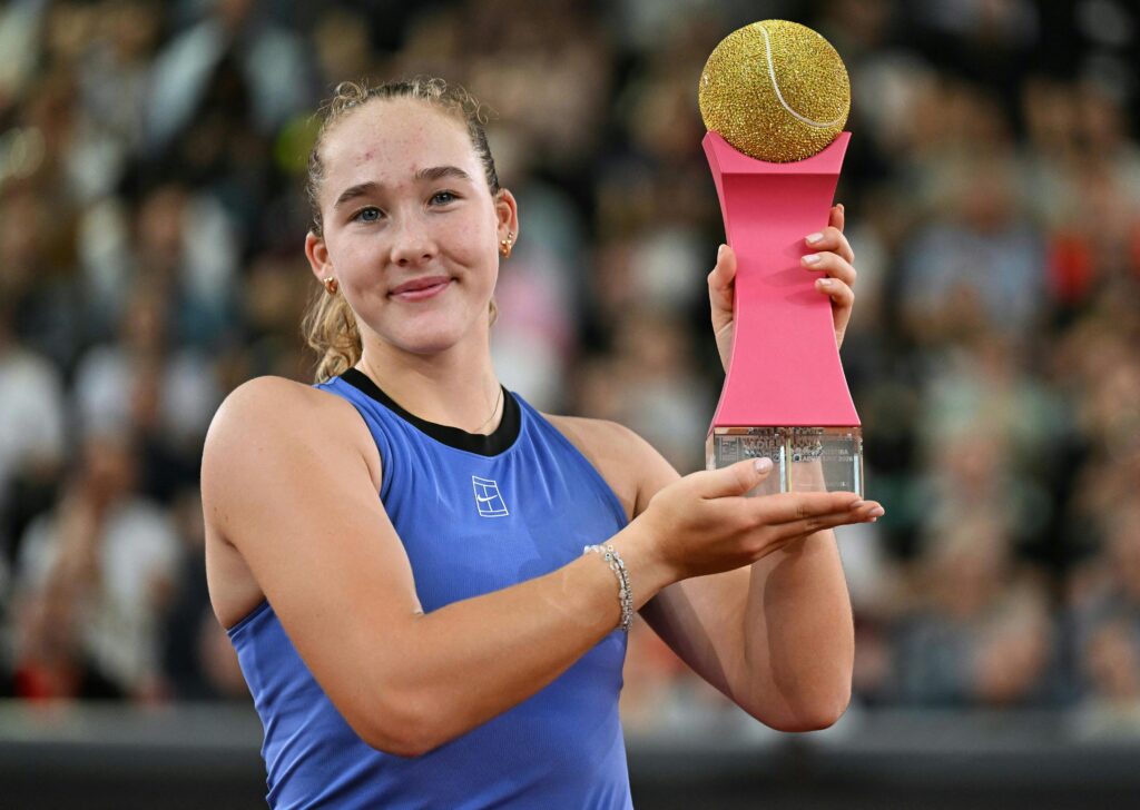 Mirra Andreeva celebrates after winning the 2026 Linz Open