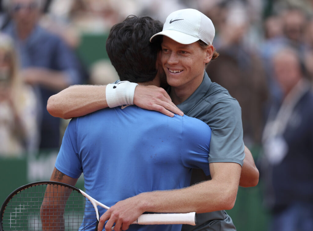 Jannik Sinner of Italy hugs Carlos Alcaraz of Spain after winning the Final match against Carlos Alcaraz of Spain on day Eight of the Rolex Monte-Carlo Masters at Monte-Carlo Country Club on April 12, 2026 in Monte-Carlo, Monaco.