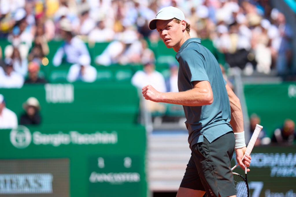 Jannik Sinner of Italy celebrates a point during his Round of 16 match against Tomas Machac of Czech Republic on day five of the Rolex Monte-Carlo Masters at Monte-Carlo Country Club on April 09, 2026 in Monte-Carlo, Monaco.