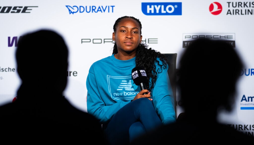 Coco Gauff of the United States talks to the media on Day One of the Porsche Tennis Grand Prix at Porsche Arena on April 13, 2026 in Stuttgart, Germany