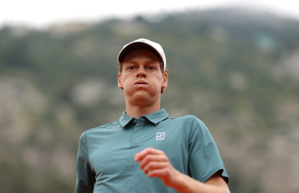 Jannik Sinner of Italy against Felix Auger-Aliassime of Canada in the quater finals during day six of the Rolex Monte-Carlo Masters at Monte-Carlo Country Club on April 10, 2026 in Monte-Carlo, Monaco.