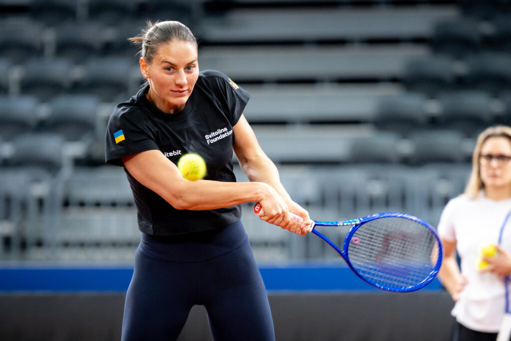 Marta Kostyuk competes in the Billie Jean King Cup Qualifiers during the Poland vs Ukraine women's tennis match at the PreZero Arena in Gliwice, Poland, on April 11, 2026.