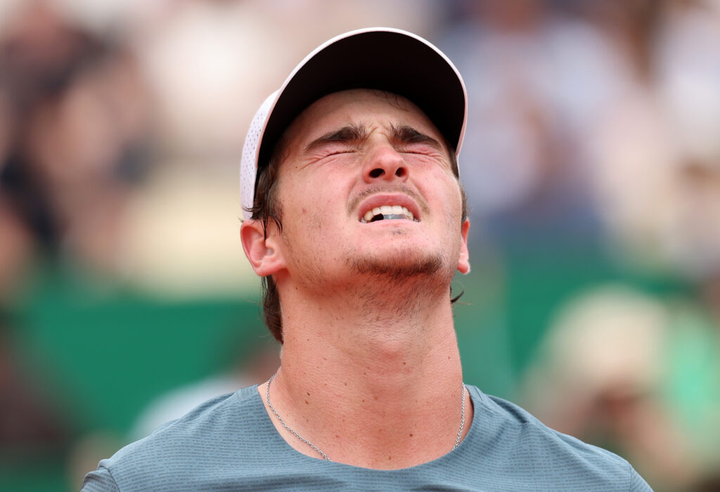 Joao Fonseca reacts during his defeat to Alexander Zverev at the 2026 Monte Carlo Masters