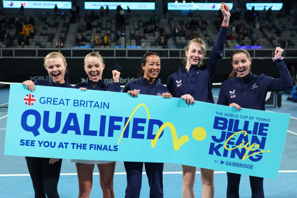 Harriet Dart, Katie Swan, Anne Keothavong, Captain of Great Britain, Mika Stojsavljevic and Jodie Anna Burrage of Great Britain pose for a photo after defeating Australia to qualify for the finals in the 2026 Billie Jean King Cup by Gainbridge Qualifier between Australia and Great Britain at John Cain Arena on April 11, 2026 in Melbourne, Australia.