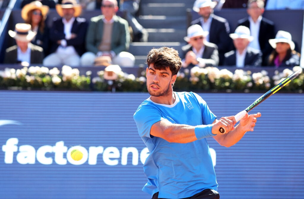 Carlos Alcaraz competes against Otto Virtanen during the round of 32 match on Day Two of the Barcelona Open Banc Sabadell 73rd Conde de Godo Trophy at Real Club de Tenis Barcelona 1899 in Barcelona, Spain, on April 14, 2026.