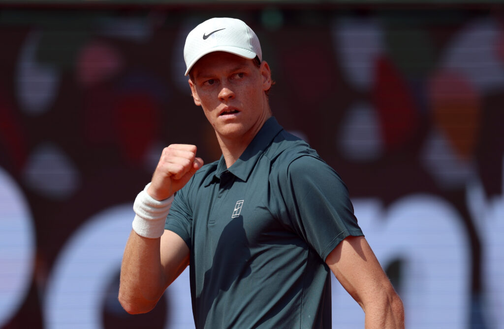 Jannik Sinner of Italy celebrates a point against Alexander Zverev of Germany during the Men's Singles Semi Final match on day seven of the Rolex Monte-Carlo Masters at Monte-Carlo Country Club on April 11, 2026 in Monte-Carlo, Monaco.