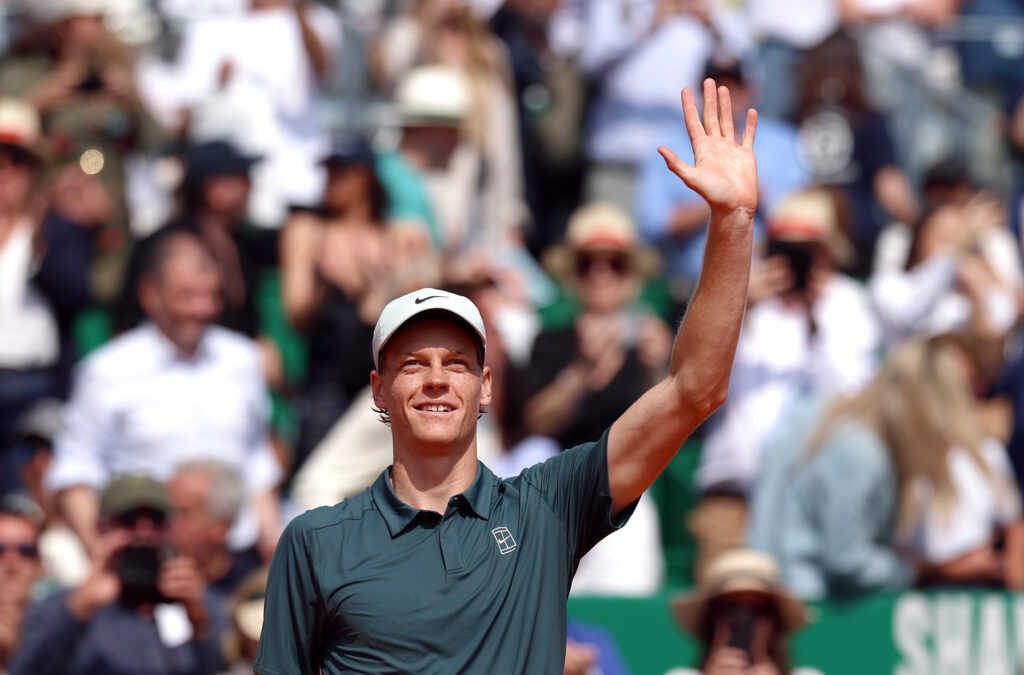 Jannik Sinner of Italy celebrates after winning match point against Alexander Zverev of Germany during the Men's Singles Semi Final match on day seven of the Rolex Monte-Carlo Masters at Monte-Carlo Country Club on April 11, 2026 in Monte-Carlo, Monaco.
