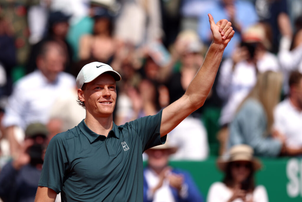 Jannik Sinner of Italy acknowledges the fans after winning match point against Alexander Zverev of Germany during the Men's Singles Semi Final match on day seven of the Rolex Monte-Carlo Masters at Monte-Carlo Country Club on April 11, 2026 in Monte-Carlo, Monaco.