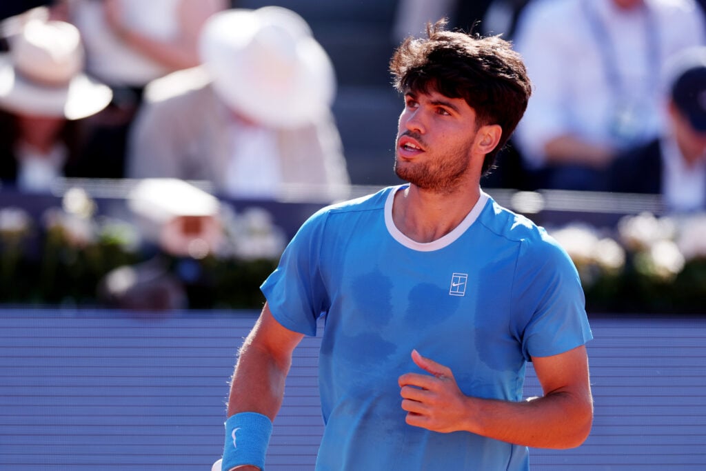 Carlos Alcaraz of Spain in action against Otto Virtanen of Finland during the round of 32 match during the Barcelona Open Banc Sabadell Day 4 at the Real Club de Tenis de Barcelona on April 14, 2026 in Barcelona Spain