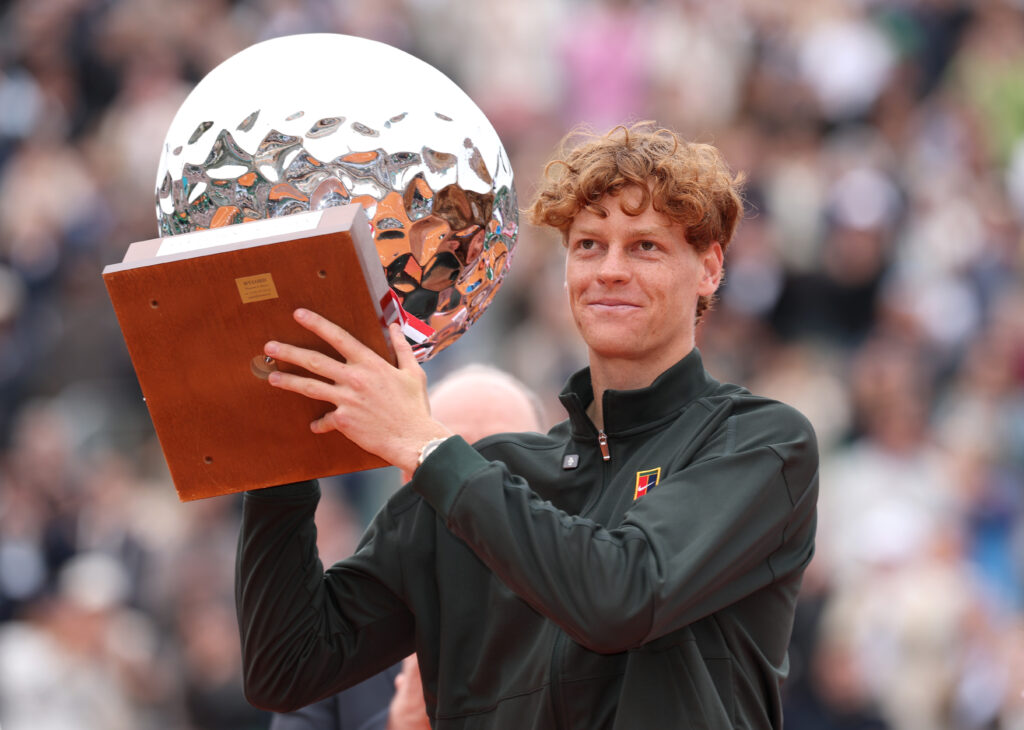 Jannik Sinner of Italy celebrates with his winners trophy after victory against Carlos Alcaraz of Spain during the Men's Singles Final during day eight of the Rolex Monte-Carlo Masters at Monte-Carlo Country Club on April 12, 2026 in Monte-Carlo, Monaco.