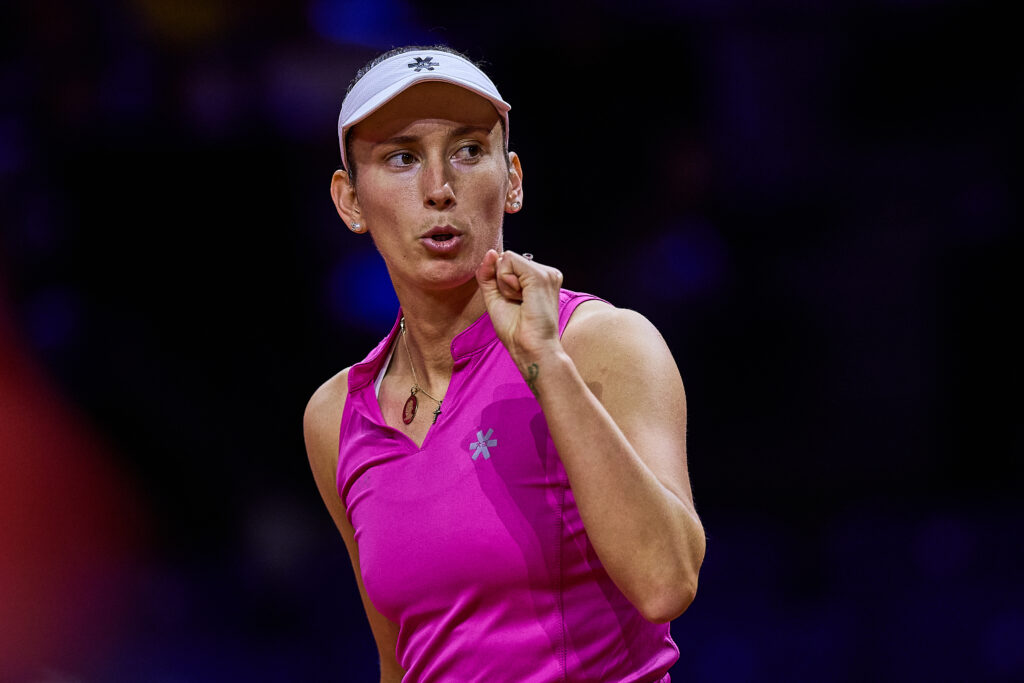 Elise Mertens celebrates at the 2026 Stuttgart Open