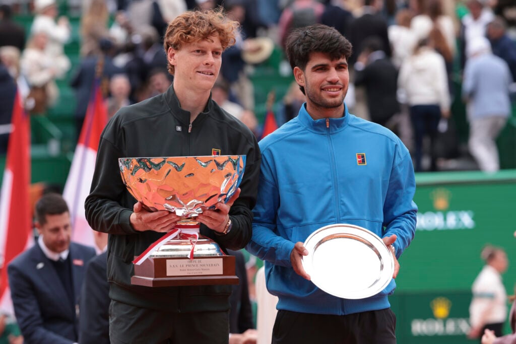 Winner Jannik Sinner of Italy and finalist Carlos Alcaraz of Spain during the trophy ceremony of the Men's Final on day 8 of the Rolex Monte-Carlo Masters 2026, an ATP Masters 1000 at Monte-Carlo Country Club on April 12, 2026 in Roquebrune-Cap-Martin, France near Monte-Carlo, Monaco.