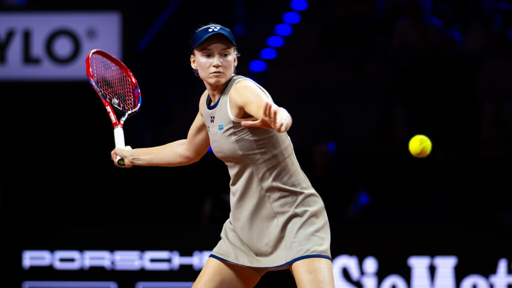 Elena Rybakina of Kazakhstan in action against Diana Shnaider in the second round on Day Four of the Porsche Tennis Grand Prix at Porsche Arena on April 16, 2026 in Stuttgart, Germany.