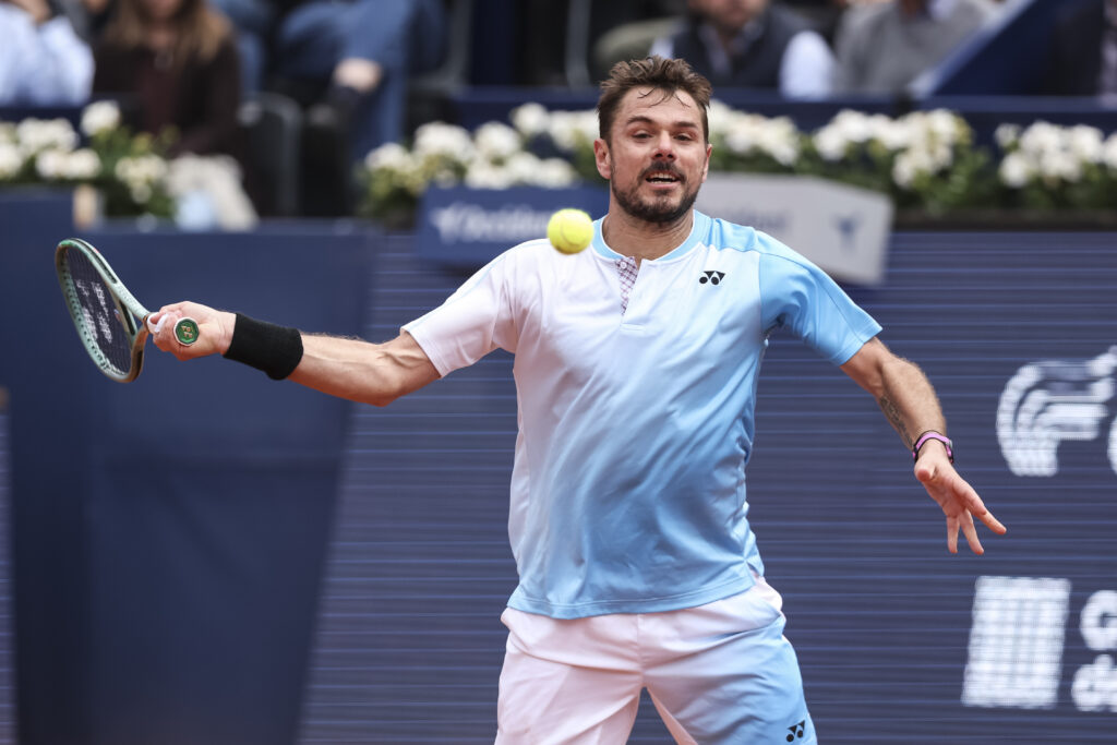 Stan Wawrinka of Switzerland in action against Cameron Norrie of Great Britain during the First round tennis match of the Barcelona Open Banc Sabadell - Conde Godo 2026 Day 3 at Real Club de Tenis Barcelona on April 13, 2026 in Barcelona, Spain.