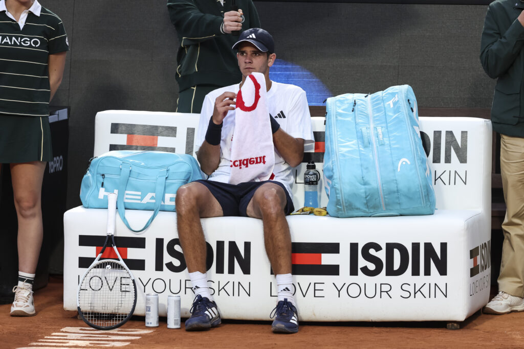 Rafael Jodar of Spain takes a break from the action against Jaume Munar of Spain during the First round tennis match of the Barcelona Open Banc Sabadell - Conde Godo 2026 Day 3 at Real Club de Tenis Barcelona on April 13, 2026 in Barcelona, Spain.