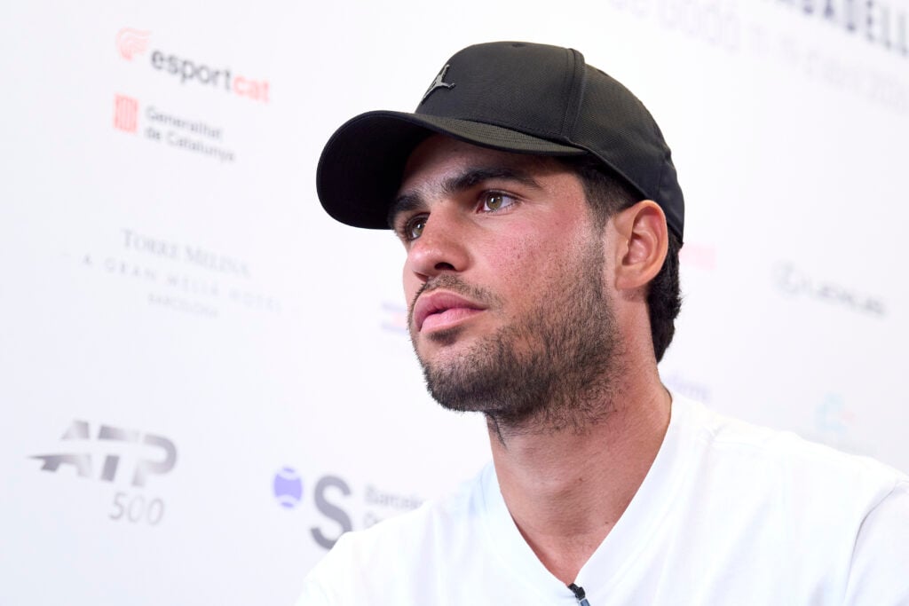 Carlos Alcaraz of Spain talks to the media during a press conference ahead of the start the Barcelona Open Banc Sabadell 2026 at Real Club De Tenis Barcelona on April 13, 2026 in Barcelona, Spain.