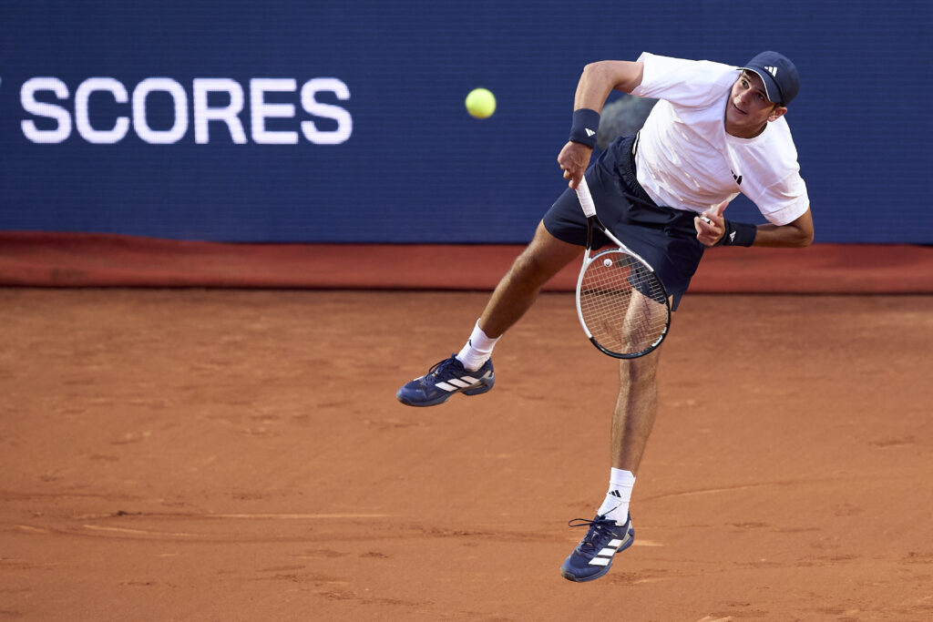 Rafael Jodar of Spain serves against Jaume Munar of Spain in the Men's Singles first Round Match during day one of the Barcelona Open Banc Sabadell 2026 at Real Club De Tenis Barcelona on April 13, 2026 in Barcelona, Spain.
