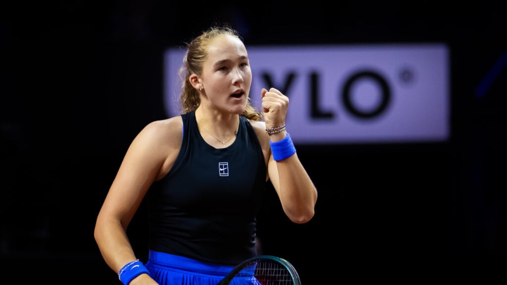 Mirra Andreeva reacts during her match against Iga Swiatek of Poland in the quarter-final on Day Five of the Porsche Tennis Grand Prix at Porsche Arena on April 17, 2026 in Stuttgart, Germany