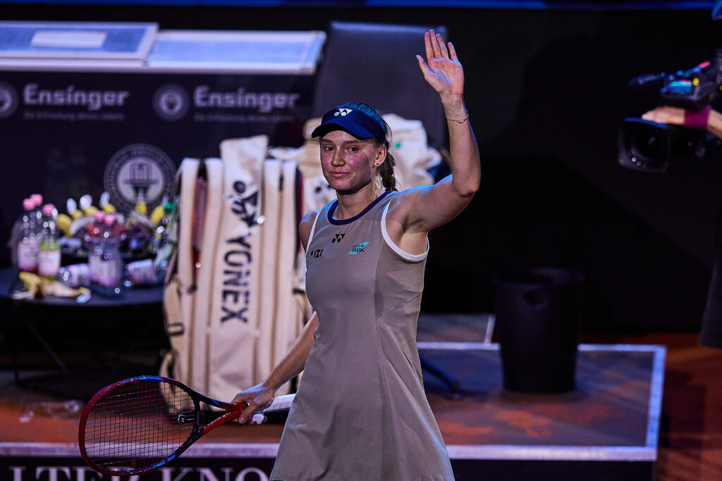 Elena Rybakina of Kazakhstan celebrates after her match against Leylah Fernandez of Canada during day five of the Porsche Tennis Grand Prix 2026 at Porsche Arena on April 17, 2026 in Stuttgart, Germany.
