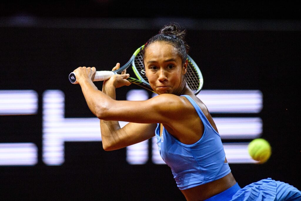 Leylah Fernandez of Canada returns with backhand to Alexandra Eala of the Philippines during day two of the Porsche Tennis Grand Prix 2026 at Porsche Arena on April 14, 2026 in Stuttgart, Germany.